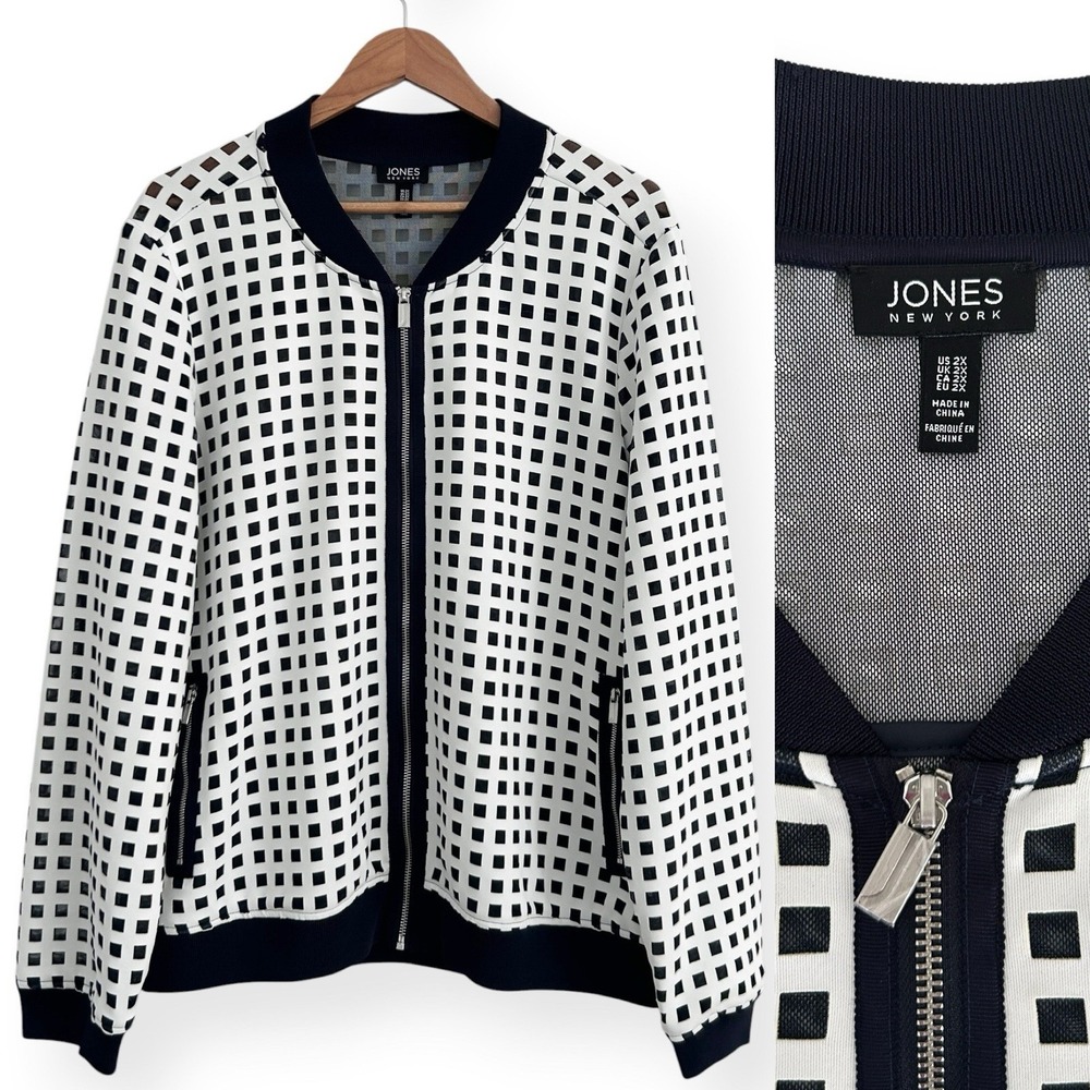 Jones New York Women's 1X Blue White Multicolor Mesh Check Grid Zip Jacket NWOT